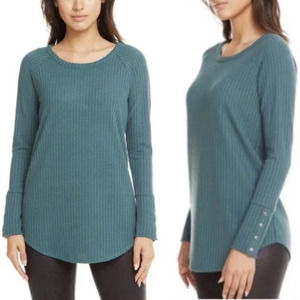 Chaser Women's Long Sleeve Waffle Knit Olive Green Button Sleeve Thermal Top XL